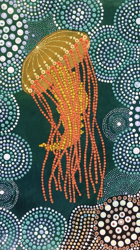 Dot Art Jellyfish, How To Draw Aboriginal Art, Jellyfish Dot Painting, Aboriginal Painting Ideas, Australian Dot Painting, Dotism Art, Dotted Painting Ideas, Indigenous Dot Painting, Indigenous Dot Art