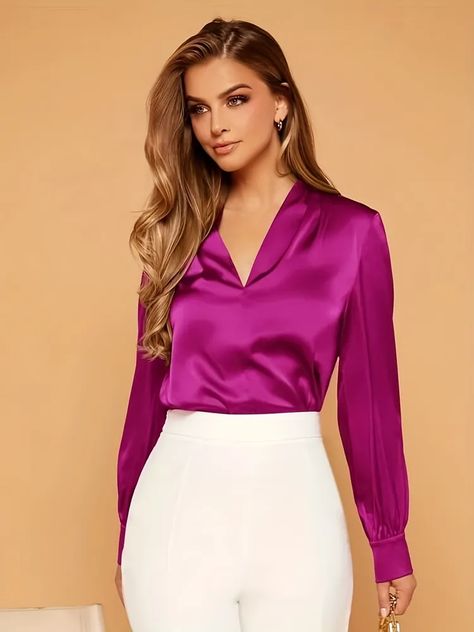 Temu Satijnen Blouses, Satin Blouse Outfit, Outfit Elegantes, Marina Laswick, Satin Blouses, Women Blouses, Satin Blouse, Blouse Outfit, Blouse Online