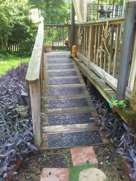 Solution to a slick ramp. These rubber tread add a touch of class. Deck With Ramp And Stairs, Porch Ramp, Porch With Ramp, Wheelchair Ramps For Home, Porch Sitters, Wheelchair Ramp Design, Hot Tub Deck Design, Mobile Home Deck, Barndo Ideas