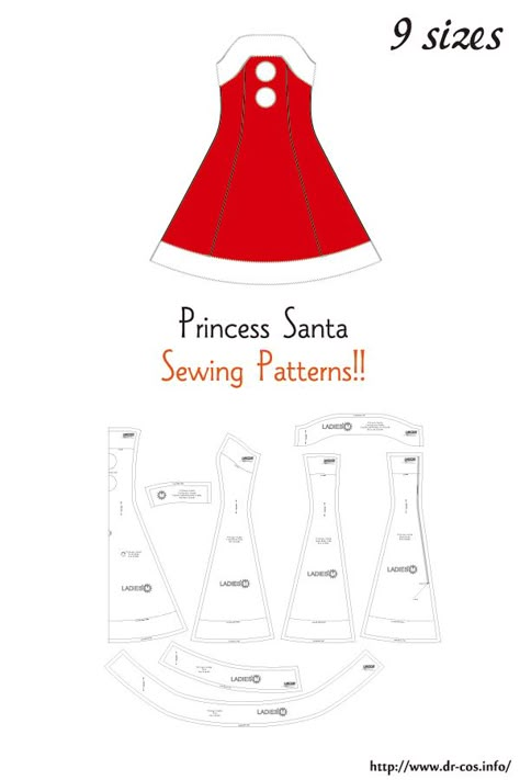 Mrs Claus Costume Diy Sewing Patterns, Elf Dress Pattern, Christmas Dress Pattern, Santa Clothes, Cosplay Patterns, Patterns For Fashion, Japanese Sewing Patterns, Doll Patterns Free, Barbie Doll Clothing Patterns