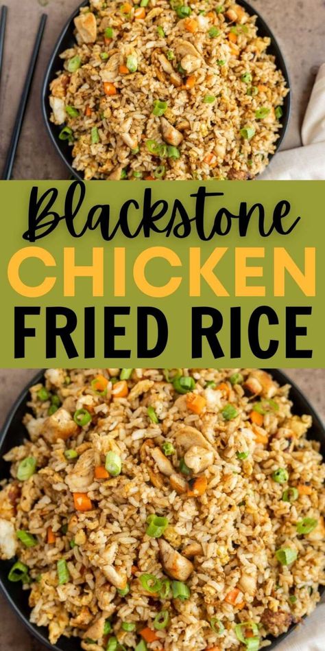 Blackstone Chicken Fried Rice Recipe - grillonadime.com Chicken Fried Rice Recipe Healthy, Blackstone Recipe, Blackstone Meals, Blackstone Chicken, Black Stone Griddle Recipes, Outdoor Griddle Recipes, Blackstone Grill Recipes, Hibachi Recipes, Black Stone Griddle