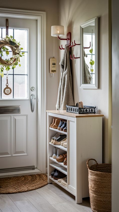 Elevate your entryway style with the versatile IKEA HEMNES Shoe Cabinet! This beautifully organized space features a decorative tray for keys, complemented by the sleek TJUSIG coat rack and NORDRANA hanging storage basket. The woven doormat adds a touch of personality, while soft, diffused lighting from a wall sconce creates a warm atmosphere. Perfect for keeping your home neat and inviting! Ready to transform your entrance? Click through for more styling tips and inspiration! #EntrywayDecor #IKEAStyle #HomeOrganization #ShoeStorage #InteriorDesign #CozyHome #IKEAHEMNES Entry Way Ideas Shoes, No Coat Closet Solutions Entryway, Front Door Storage Entryway, Shoe Rack Ideas Entryway Front Door, Key Rack Ideas Entryway, Shoe Cabinet Decor, Hemnes Entryway, Shoe And Coat Storage Entryway, Show Storage Ideas