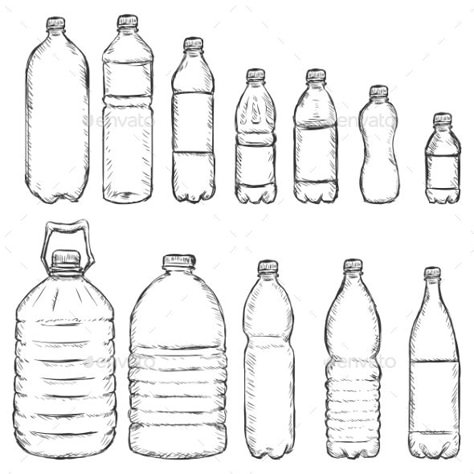 Vector Set of Sketch Plastic Bottles Water Bottle Drawing, Water Sketch, Bottle Drawing, Water Drawing, Object Drawing, Perspective Art, Industrial Design Sketch, Basic Drawing, Still Life Drawing