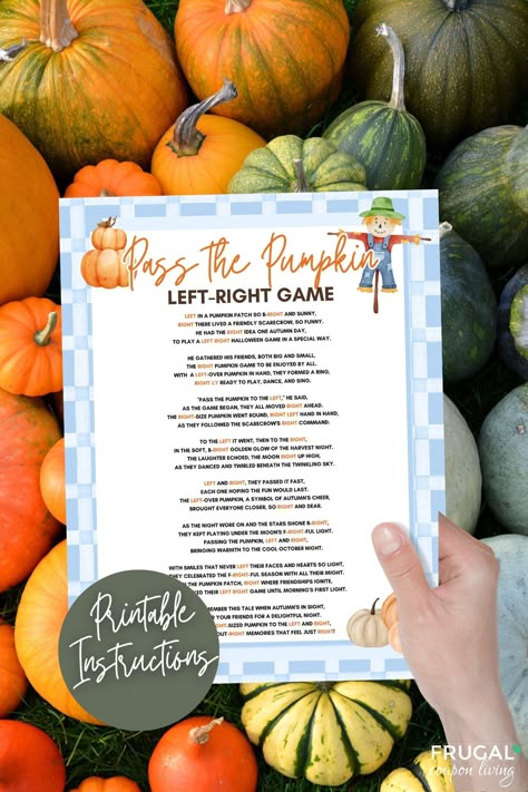 Printable Pass the Pumpkin Game - Halloween Party Rhyming Story About a Scarecrow (using the words left and right to pass a gift.)Elevate your Halloween or fall party to a new level of fun with our Printable Pass the Pumpkin Game! Perfect for all ages, this exciting game adds a twist to the classic "pass the parcel" concept, with a delightful rhyming story featuring a friendly scarecrow and lots of left and right turns.Features: Interactive Fun: Create unforgettable memories as you and your gues Kids Class Halloween Party, Back To School Left Right Game, Christian Fall Party Ideas, Elementary School Fall Party Games, Yw Fall Activity Ideas, Pumpkin Patch Games Fall Festivals, Candy Pass Game Questions, Fall Group Games For Adults, Kids Fall Party Activities