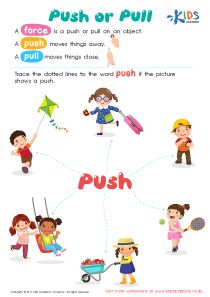 Practice Push or Pull - 1st Grade Worksheet #kids #preschool #kindergarten #kindergartenworksheets #preschoolworksheets #worksheets #printables #lettering #learning #tracing #tracingworksheets #handwriting #writing #coloring #subtraction #balancing #art # Push And Pull Worksheets Grade 3, Push And Pull Activities Kindergarten, Push And Pull Experiments Kindergarten, Push And Pull Experiments For Kids, What Is Photosynthesis, Push Pull Kindergarten Force And Motion, Business Proposal Outline, Photosynthesis Worksheet, Sorting Worksheet