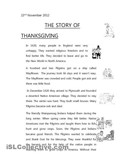 Printable+Thanksgiving+Reading+Comprehension+Worksheets Thanksgiving Story For Kids, Thanksgiving Reading Comprehension, Thanksgiving Story, Thanksgiving Readings, Thanksgiving Stories, Thanksgiving Worksheets, Simple Past Tense, English Teaching Resources, Thanksgiving Images