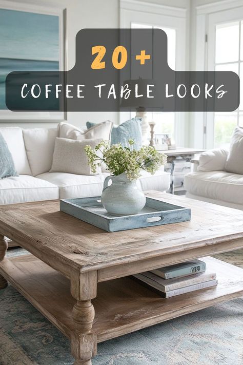 Looking for a quick decor refresh? Click for easy updates that will breathe new life into your square coffee table! 💨🌼 #QuickDecor #EasyStyling #TableRefresh #HomeImpressions #DecoratingEasy White Square Coffee Table Decor, Coffee Table For White Couch, Decorating A Large Square Coffee Table, Square Coffee Table Styling Farmhouse, Coffee Tables For L Shaped Couch, Painted Glass Top Coffee Table, How To Style A Square Coffee Table, How To Decorate A Square Coffee Table, Styling A Square Coffee Table