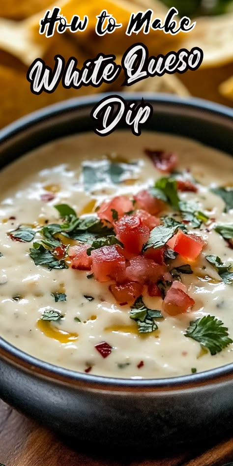 WHITE QUESO DIP Queso Recipe Stovetop, White Nacho Cheese Sauce Queso Blanco, White Queso Nachos, Queso Dip With Cream Of Mushroom Soup, Crockpot White Queso Dip Ground Beef, 54th Street Queso Dip, Quest Blanco Dip, Top Golf Queso Recipe, Mild Queso Dip