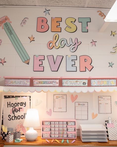 BEFORE and AFTER… Swipe right for the transformation! Teacher workspace inspiration! 😍 We gave Avery her own space filled with lots of organization and storage! This space also doubles as a small group area! #classroommakeover #classroomsetup #classroomtransformation #teacherdesk #teacherdecor #teacherworkspace #classroomideas #classroominspiration #beforeandafter First Grade Classroom Set Up Ideas, Happy Classroom Theme, Pastel Classroom Decor Ideas, Pastel Color Classroom Theme, Classroom Decor 2024-2025, Preppy Classroom Theme, Pastel Bulletin Board Ideas, Saved By The Pastel Classroom, Pastel Classroom Ideas