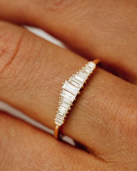 14K Ballerina Baguette Diamond Cluster Ring – FERKOS FJ Gold Diamond Baguette Ring, Baguette Wedding Ring Set, White Gold Baguette Wedding Band, Engagement Ring Stacking Ideas, Ring Stack Ideas, Wedding Ring Baguette, Baguette Jewelry, Baguette Ring Band, Baguette Rings