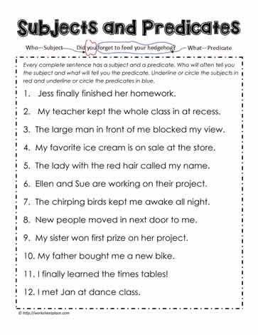 Identifying Subjects And Predicates Worksheet