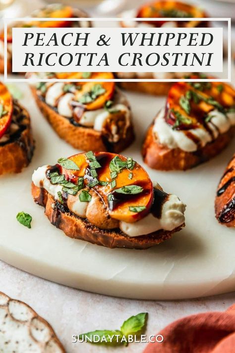 This whipped ricotta crostini is about to be your new favorite appetizer recipe! It has crispy crostini, creamy whipped ricotta cheese, juicy peaches, fresh basil, and balsamic glaze. So good! Of course, you don't have to use peaches on these appetizer bites. You can also try hot honey, pistachios, prosciutto, strawberries, roasted tomatoes, or anything else you like. These crostini are the perfect finger food for a dinner party, holidays, and everything in-between. They're a huge crowd ... Fancy Crostini Appetizers, Burrata And Peaches Appetizer, Peach And Cheese Appetizer, Whipped Ricotta Crostini, Elevated Appetizers, Crostini Ricotta, Whipped Ricotta Cheese, Ricotta Appetizer, Crispy Crostini