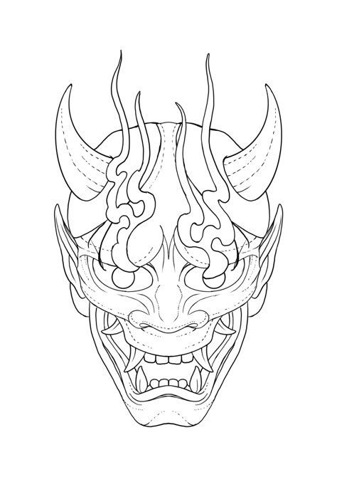 Oni Mask Tattoo Stencil, Oni Mask Stencil, Oni Mask Outline, Japanese Tattoo Outline, Traditional Oni Mask Tattoo Design, Hannya Mask Drawing, Kabuki Mask Tattoo, Japanese Mask Tattoo Design, Japanese Mask Design