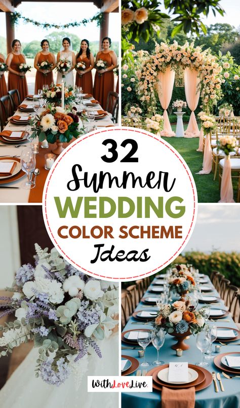 🌟💐 Planning a summer wedding? Look no further for the hottest wedding color schemes to elevate your celebration! Whether you're beach-bound or garden-setting, we have the perfect palette. 🌿 Read more and save this pin to keep your favorite ideas handy! Vow Renewal Color Schemes Summer, June Rustic Wedding Colors, Bridesmaids Spring Dresses, Desert Wedding Color Palette, Trendy Wedding Colors 2024, Muted Colors Wedding, Wedding Color Themes Summer, Beach Wedding Colors Palette, Warm Tone Wedding Colors