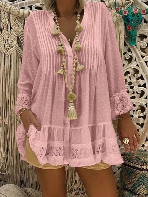 New Plus Size Lace Blouses Shirts – bonboho Pink Plain, Women Lace Blouse, Chic Fashionista, Boho Styl, Boho Mode, Formal Tops, Plus Size Lace, Mode Boho, Lace Chiffon