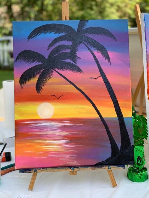 16x20 bright Hawaiian sunset. Beach Painting On Wood, Landscape Ideas Painting Sunset, Palm Tree Silhouette Painting, Summer Sunset Painting, Sunset Art Painting Easy, Sunset Beach Drawing, Beach Sunset Painting Easy, Cute Sunset Paintings, Sunset Aesthetic Painting