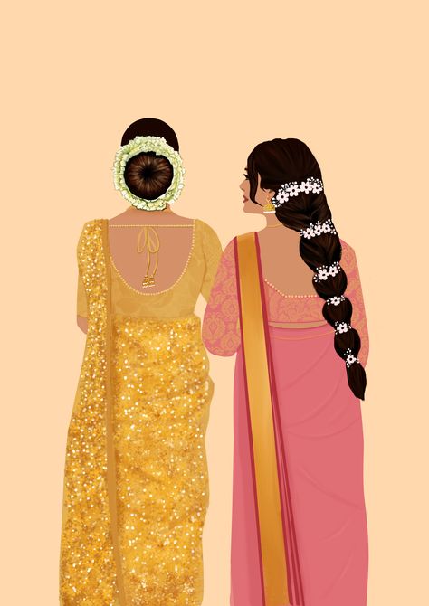 indian bride and her bridesmaid walking wearing golden sequin saree and pink saree with flowers in hair Wedding Elements Illustration, Indian Bride Drawing, Indian Bride Illustration, Bride Drawing, Bride Illustration, Bride With Bridesmaids, Group Illustration, Fashion Design Inspiration Board, Bride And Groom Cartoon