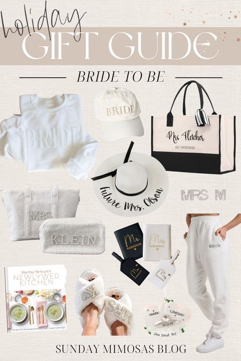 Shopping for the perfect gift for a bride to be!? Here are the BEST Christmas gifts for soon to be bride! Shop the full Holiday Gift Guide for the Newly Engaged Bride here. Bride Christmas Gifts, Christmas Gifts For Bride To Be, Bride To Be Gift Ideas Baskets, Bridal Shower Gift Ideas For The Bride, Gift Basket For Bride, Bride Merchandise, Bride To Be Gift Ideas, Gifts For A Bride, Wedding Merch