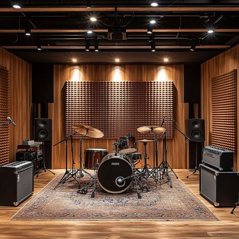 Design a professional music studio using rubber as the foundation for acoustic excellence. This studio features wooden acoustic panels mounted on rubber walls for optimal sound quality, creating a warm and functional space. Ideal for musicians and producers, the plaster base provides a smooth, durable surface that supports the structure while enhancing the studio’s modern and stylish aesthetic, perfect for high-performance recording environments. Home Office Recording Studio, Simple Recording Studio, Musical Studio Design, Music Practice Room Design, Home Music Recording Studio, Soundproof Music Room, Music Studio Room Luxury, Recording Studio Bedroom, Music Room Ideas Home Studio