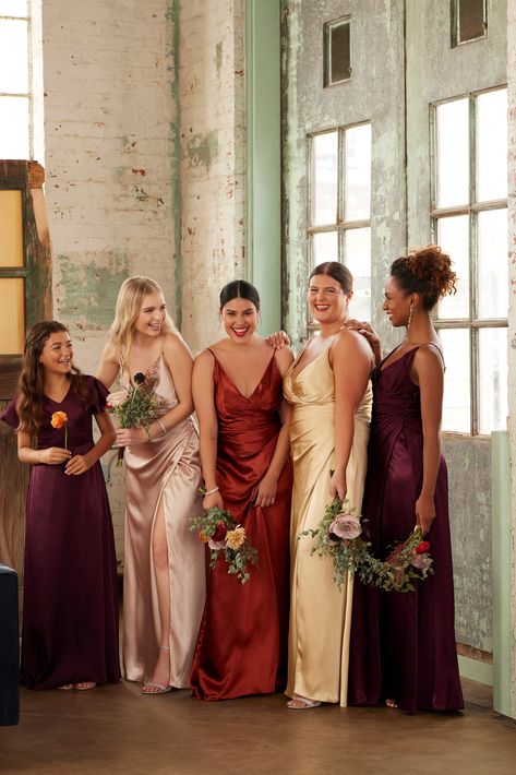 Mismatched galina signature bridesmaid dresses for bridesmaids and junior bridesmaids in red, pink and gold tones. Cherry Bridesmaid Dresses, Vintage Mismatched Bridesmaid Dresses, Gem Tones Bridesmaid Dresses, Bridesmaids Colour Palette, Color Coordinated Bridesmaid Dresses, Gem Colored Bridesmaid Dresses, Regal Bridesmaid Dresses, Mix And Match Fall Bridesmaid Dresses, Cooper Bridesmaids Dresses