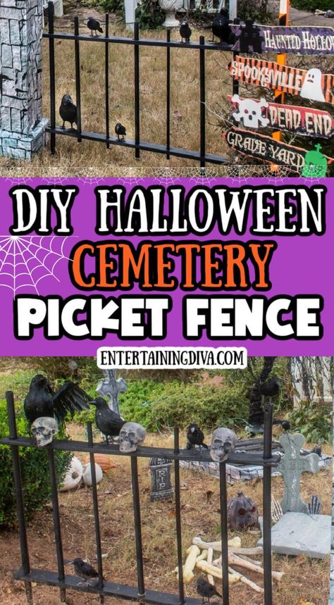 I love this DIY Halloween cemetery picket fence. It's cheap and easy to make, and it looks spooky around my Halloween graveyard. Great outdoor Halloween decor! Pet Cemetery Halloween Decorations, Pet Cemetery Ideas Halloween, Diy Halloween Cemetery, Diy Halloween Fence, Halloween Fence, Tattoo Ideas Halloween, Outside Halloween Decorations, Halloween Tattoo Ideas, Halloween Cemetery