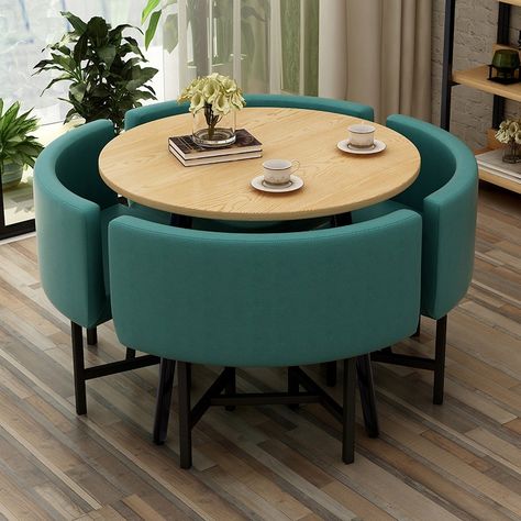 39.4" Round Wooden Small Dining Table Set 4 Upholstered Chairs for Breakfast Nook Balcony Blue Upholstered Chair, Office Table And Chairs, Small Dining Table Set, 4 Seater Dining Table, Round Dining Table Sets, Set Meja Makan, Small Dining Table, Matching Chairs, Dining Table Set