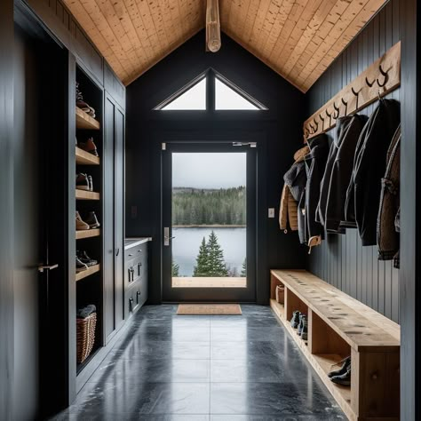 Mountain Home Mudroom, Chalet Entrance, Breezeway Mudroom, Photography Interior Design, Barn Style House Plans, Mudroom Design, Modern Barn House, Photography Interior, Mud Rooms