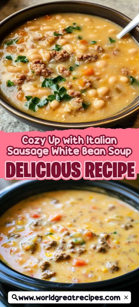 Discover the ultimate comfort food with this Italian Sausage White Bean Soup. Bursting with rich flavors, this one-pot meal combines savory Italian sausage, creamy white beans, and a medley of fresh vegetables. Perfect for chilly evenings, this hearty soup is not only easy to make but also packed with protein and fiber. Serve it with crusty bread for a complete family meal that warms the soul and satisfies the palate. Dive into this delicious recipe and make it your new favorite! White Beans And Sausage Recipe, Italian Sausage White Bean Soup, Sausage White Bean Soup, White Bean Sausage Soup, Easy Soup Recipes Quick, Italian Bean Soup, Sausage Vegetable Soup, Sausage White Bean, Quick Easy Family Meals