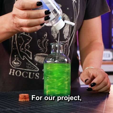 Easy DIY Halloween Witch's Potion...with a TWIST! 👻 | Halloween, ingredient | Easy DIY Halloween Witch's Potion...with a TWIST! 👻 Jaimie and Jay show you how to make a homemade DIY potion with some simple ingredients, and then how... | By Wicked Makers | Make a spooky witches potion with a magical twist. What if you could make it do it all by itself like real magic, perpetual magical storm of awesomeness. Like you're a real wizard. Yeah, basically. So we found this cool crystal ball prop which How To Make Potions, Potions For Kids, Diy Halloween Witch, How To Make Glitter, Crafty Hobbies, Halloween Science, Halloween Potion Bottles, Diy Glow, Witch Potion