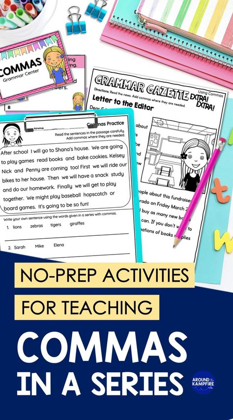 Comma Anchor Chart 3rd Grade, Comma Splice Anchor Chart, Commas In A Series Activities, When To Use A Comma Anchor Chart, Using Commas, Commas In A Series, 2nd Grade Grammar, Sentence Examples, Second Grade Writing