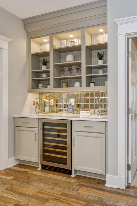 Wet bar in a Master Suite??  We say... Ohhh ya!! Walk Through Wet Bar, Wet Bar In Hallway, Wet Bar In Master Suite, Family Room Wet Bar, Bar In Family Room Ideas, Coffee Bar Master Suite, Game Room Wet Bar, Bedroom Wet Bar Master, Coffee Bar In Master Suite