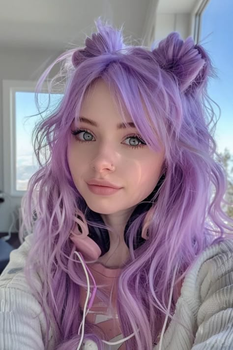 Woman with purple wavy hair styled in half-up buns, wearing headphones, and a white sweater, with a soft smile and clear blue eyes. Festival Hairstyles, Hair Front, Cotton Candy Hair, Female Hairstyles, Rave Hair, Long Hair Style, Trending Hair, Candy Hair, Hair Mistakes