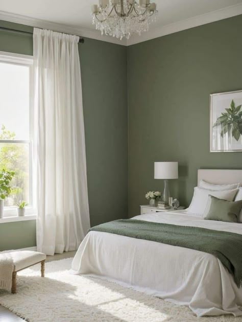 White Green Home Decor, Green Accent Wall Curtains, Aesthetic Paint For Bedroom, Green Bedroom Carpet Ideas, Green Wall White Bed, Curtains For Sage Green Bedroom, Green Walls White Ceiling, Curtains On Green Walls, Green Bedroom With Curtains