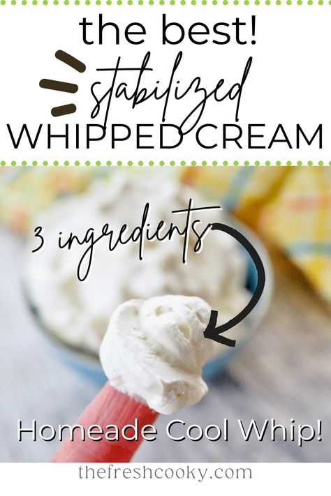 Make your own healthier, homemade Cool whip, when you make this simple 5 minute, 3 ingredient Stabilized Whipped Cream Recipe! Great for keto (use sugar free powdered sugar) , frosting cakes, as a Cool Whip substitute in recipes. Via @thefreschooky Healthy Cool Whip, Sugar Free Powdered Sugar, Frosting For Cake Decorating, Healthy Whipped Cream, Whipped Cream Homemade, Whipped Topping Recipe, Frosting For Cake, Stable Whipped Cream, Diy Whipped Cream