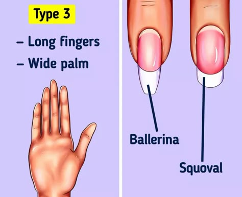 How to Choose the Perfect Nail Shape for Your Hand / 5-Minute Crafts Squoval Nail Shapes, Long Squoval Nails Design, How To Shape Ballerina Nails, Small Hands Nails, Nail Shape For Small Hands, Square Nail Beds, Short Ballerina Nails Shape, How To Trim Nails, Gel Nails Ideas Squoval