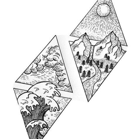 Os Illustration Tattoo, Nature Line Drawing, Geometric Shape Tattoo, Element Tattoo, Mountains And Trees, 달력 디자인, Elements Tattoo, Shape Tattoo, Illustration Tattoo