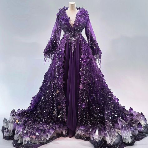 Would you wear these dresses 👗? These images are generated using AI #crystals #gemstone #dress Gemstone Dress, Amethyst Dress, Rhinestone Wedding Dress, Crystal Dress, Portfolio Ideas, Dress Aesthetic, Fairytale Dress, Amethyst Gemstone, Silver Jewellery