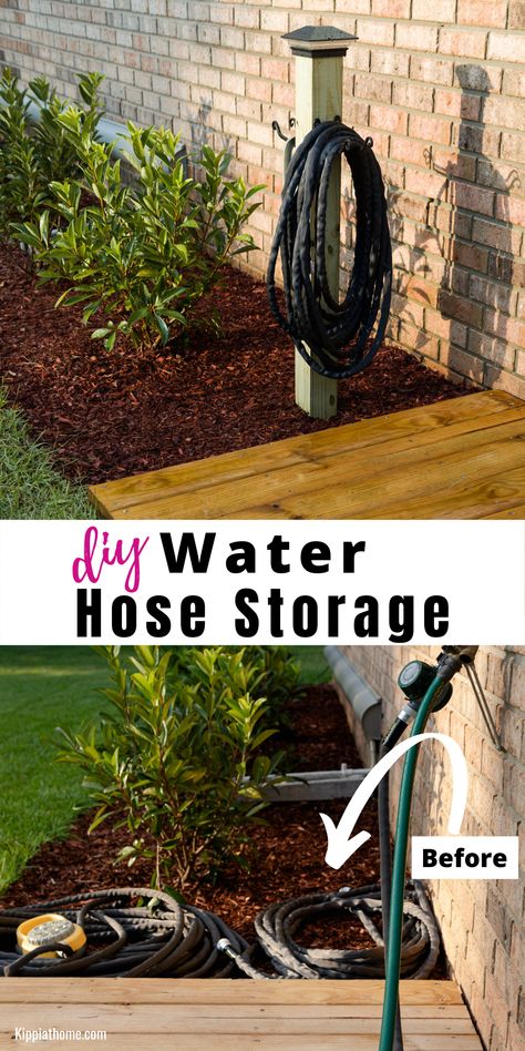 Post with hooks and solar light holding watering hoses Garden Hose Post Ideas, Garden Hose Storage Ideas Diy, Diy Water Hose Holder Ideas, Diy Garden Hose Storage, Hose Hanger Ideas, Diy Hose Holder Ideas, Water Hose Holder Diy, Hose Storage Diy, Water Hose Holder Ideas