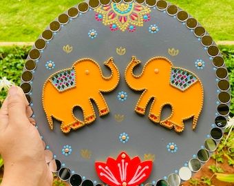 ArtsybyappyStore | Etsy India Elephant Wall Hanging Diy, Elephant Rangoli Designs Diwali, Lippan Art Elephant Design, Elephant Lippan Art, Diy Mirror Wall Decor, Malaysia Culture, Lippon Art, Mandala Home Decor, Elephant Wall Hanging