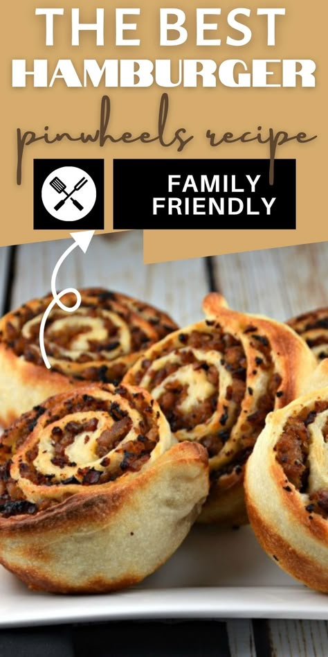 Closeup shot of delicious hamburger pinwheels on white plat. Hamburger Rolls Recipe Meat, Meal Ideas With Hamburger Meat, Ground Beef Football Recipes, Hamburger Meat Roll Ups, Hamburger Meat Breakfast Recipes, Party Food With Ground Beef, Ground Beef Roll Ups, Biscuit Hamburger Recipes, Hamburger Roll Ups