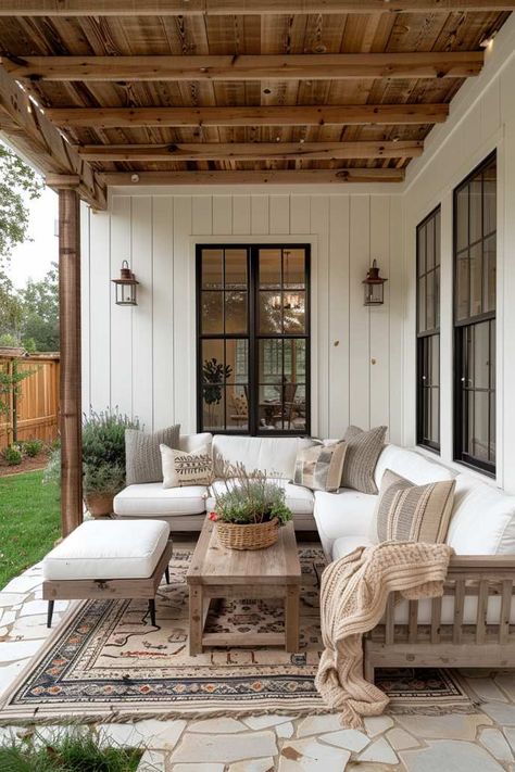 55 Farmhouse Patio Ideas for Charming and Rustic Style Modern Farmhouse Back Porch Ideas, Exterior Patio Design, Modern Farmhouse Screened In Porch, Back Porch Layout Ideas, Concrete Covered Patio Ideas, Back Deck Ideas Porch Decorating, Farmhouse Patio Decorating Ideas, Back Porch Furniture Ideas, Large Porch Decorating Ideas