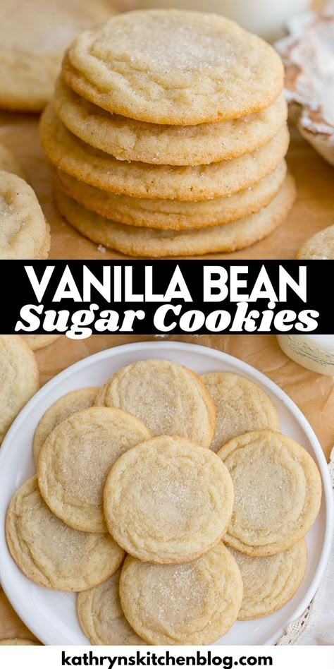 Soft and Chewy Vanilla Bean Sugar Cookies Vanilla Wafer Cookies Recipe, Cookies With Vanilla Bean Paste, Vanilla Bean Cookies Recipes, Vanilla Bean Sugar Cookies, Recipes With Vanilla Bean, Vanilla Bean Desserts, Cookie Recipe Without Baking Soda, Vanilla Bean Cookies, Wafer Cookie Recipe