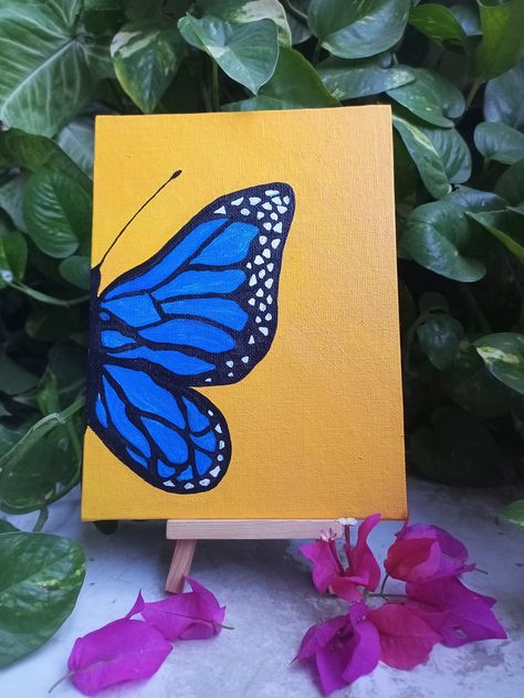 Mini Art/Miniature PaintingBeautiful Half Butterfly Canvas Painting/Modern Art/ Blue and Yellow/Small Size/Wooden Stand by Wedesipalette on Etsy Butterfly Canvas Painting, Canvas Painting Modern Art, Half Butterfly, Art Miniature, Painting Modern Art, Butterfly Canvas, Butterfly Painting, Illusion Art, Painting Modern