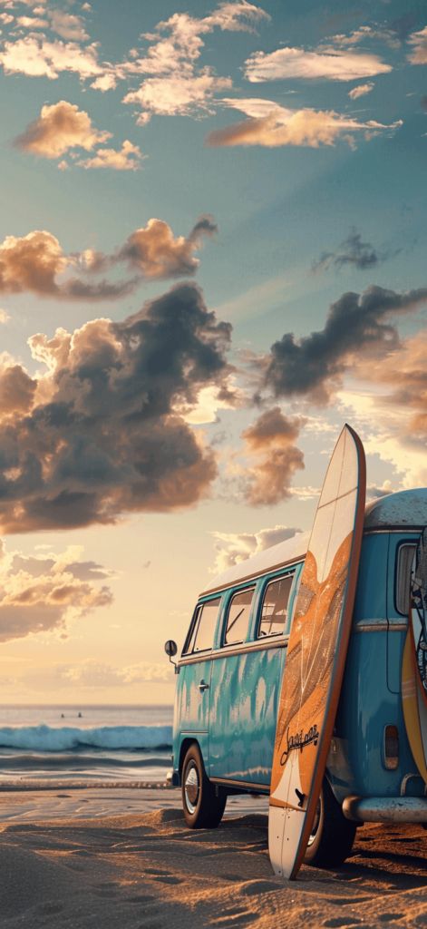 A vintage camper van parked at the beach with surfboards propped up against it, captured in lifelike detail. Hair In Your 40s, Look Younger At 40, Combi Vw T2, 2024 Hair Trends For Women, Summer Wallpaper Iphone, 2024 Hair Trends, Surfer Vibes, Surf Aesthetic, Vintage Vw Bus