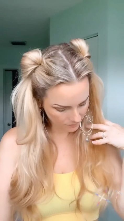 sallybeauty on Instagram: Space buns are perfect for the summer 🔅. Try this simple and easy space bun tutorial using the @goodyhair Clear Forever Polybands. Buy… Lil Buns Hairstyle, Halloween Space Buns, Elegant Space Buns, Space Buns With Ribbons, Space Buns With Extensions, Easy Space Buns For Long Hair, Mini Space Buns Half Up, Mini Buns Hairstyles, High Space Buns