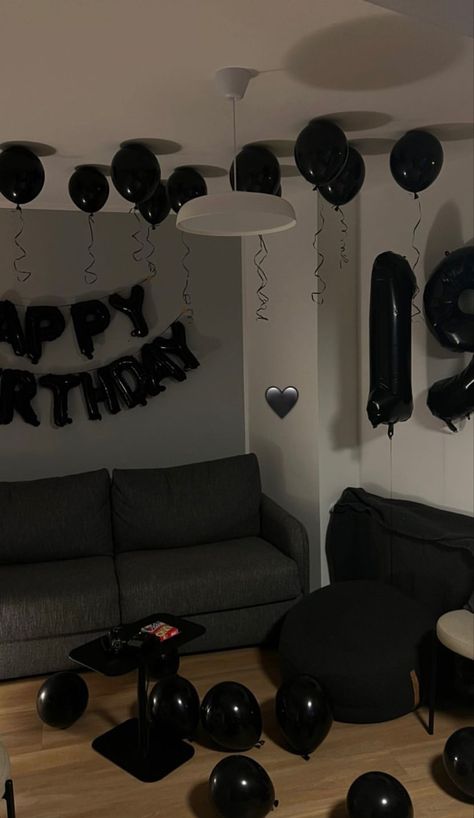 Black Birthday Design, Bf 19th Birthday, Black 19th Birthday Ideas, Birthday Decorations 19 Th, Simple Black Birthday Decor, All Black Birthday Decorations, Black Bday Party Decor, Black Birthday Set Up, 20th Themed Birthday Party