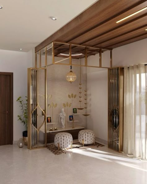 Mandir Design, Temple Design For Home, Pooja Room Door Design, Wardrobe Interior Design, Pooja Room Design, Room Door Design, Glass Partition, Pooja Room, Home Design Living Room