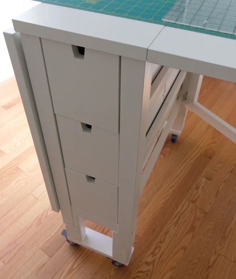 Curting Table, Ikea Hack Sewing Room, Ikea Hack Craft Table, Sewing Tables Diy, Ikea Norden Table Casters, Ikea Norden Sewing, Sewing Table Ikea Hack, Diy Craft Table With Storage Ikea Hacks, Small Sewing Table Ideas