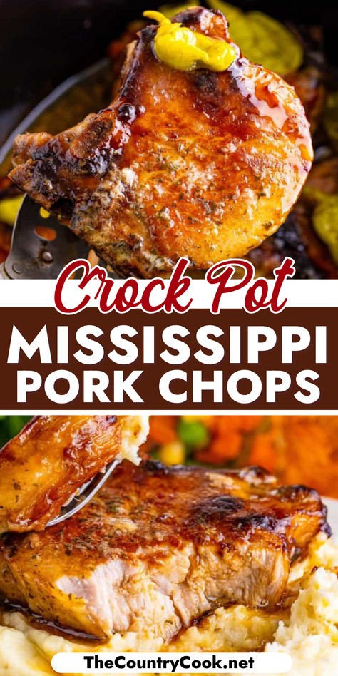 So simple and so flavorful, these Crock Pot Mississippi Pork Chops are going to be your new favorite way to make pork chops. Set it and forget it! Crock Pot Meals Pork, Low Salt Crockpot Recipes, Pork Crock Pot, Pork Chops With Rice, Pork Bites Recipes Crock Pot, Crockpot Meat Dishes, Pork Loin Ribs Crock Pot, Thick Bone In Pork Chop Recipes Crockpot, Porkchops Crockpot Boneless