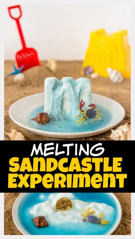 Just because it's summertime doesn't mean the learning has to stop. In fact, now is the time to incorporate lots of fun, engaging summer activities for kids! This sandcastle activities allow toddler, preschool, pre-k, kindergarten, first grade, and 2nd graders to learn some summer science. Include this baking soda and vinegar experiment in your upcoming beach theme for an outrageoulsy fun kids activity. Fun Summer Daycare Activities, Summer Time Activities For Preschoolers, Preschool Summer Science Activities, Beach Stem Activities For Kids, Beach Ball Activities For Preschool, Seaside Activities For Kids, End Of Summer Preschool Theme, Beach Homeschool Ideas, Sandcastle Art Preschool